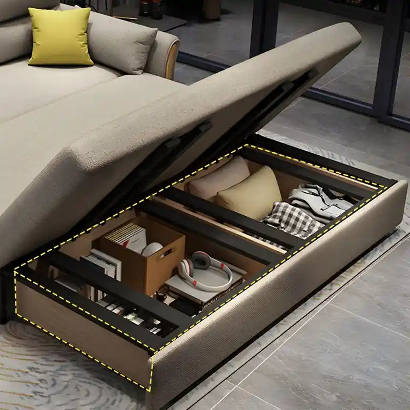 light grey pull-out sofa bed with wooden side panels, yellow cushions, medium-firm seating, and modern sofa cum bed styling