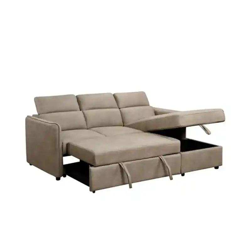 beige sofa bed storage design with adjustable headrests and manual pull straps