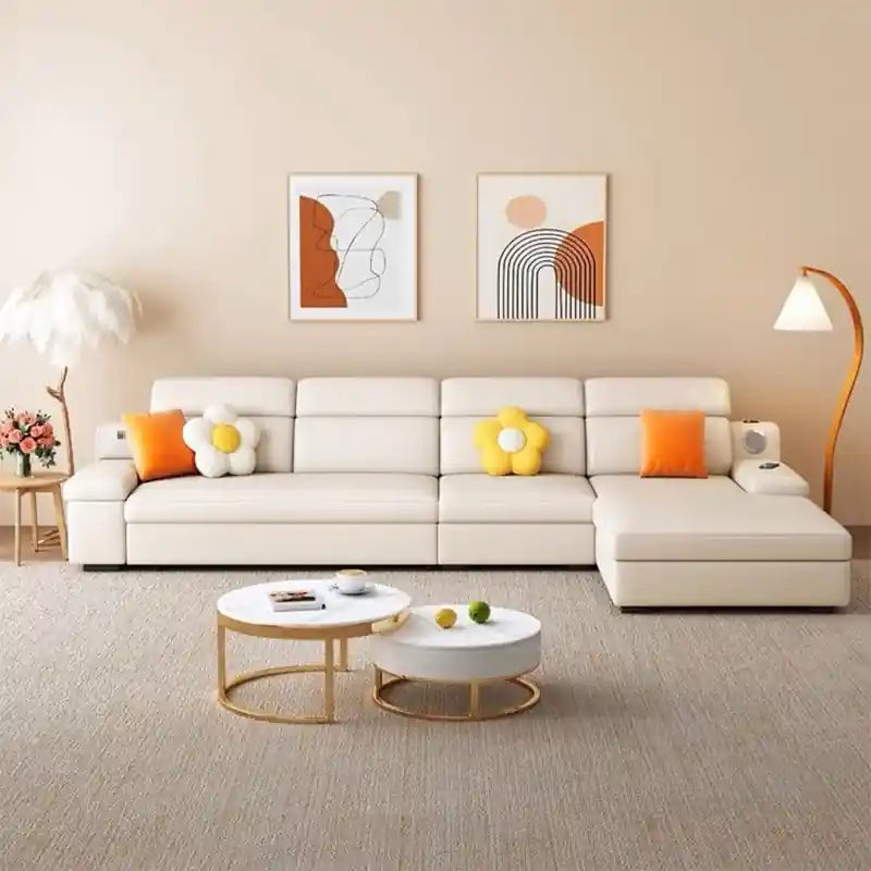 cream sofa bed couch front view with compact modern design and medium-firm cushioning
