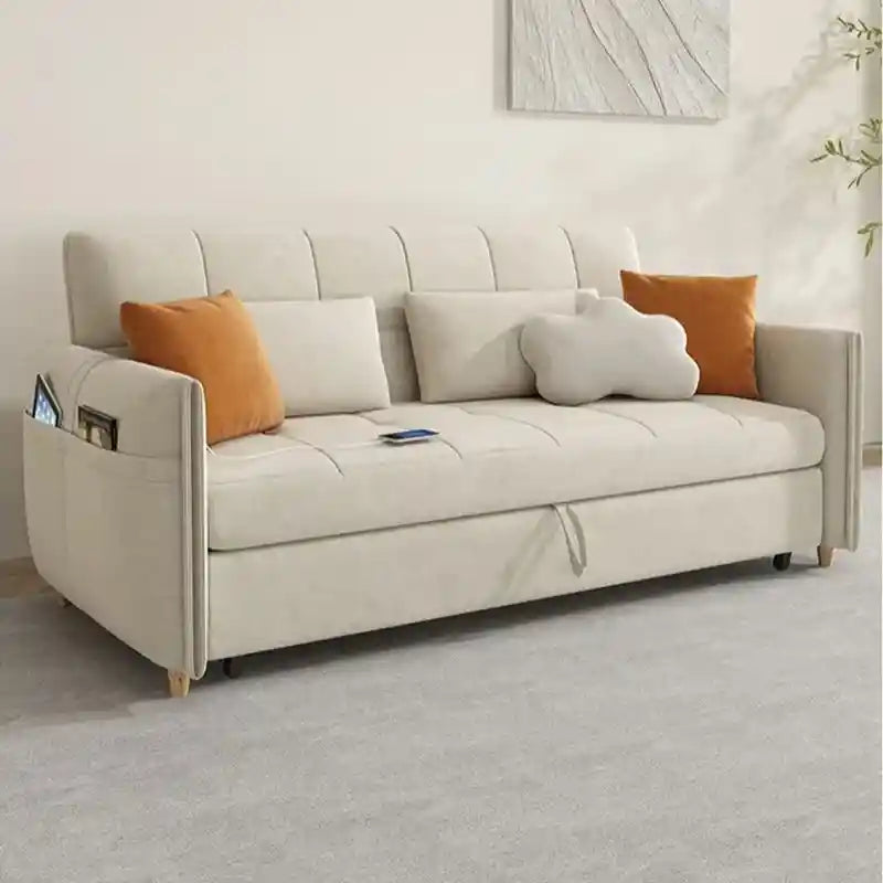 sofa cumm bed in white with under-chaise storage