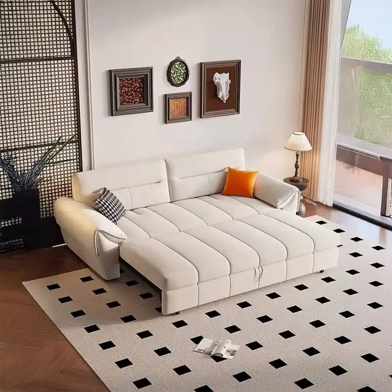 Sofa cumm bed with seamless flatbed layout, pocket spring comfort, medium-firm cushioning, and sofa bed couch function