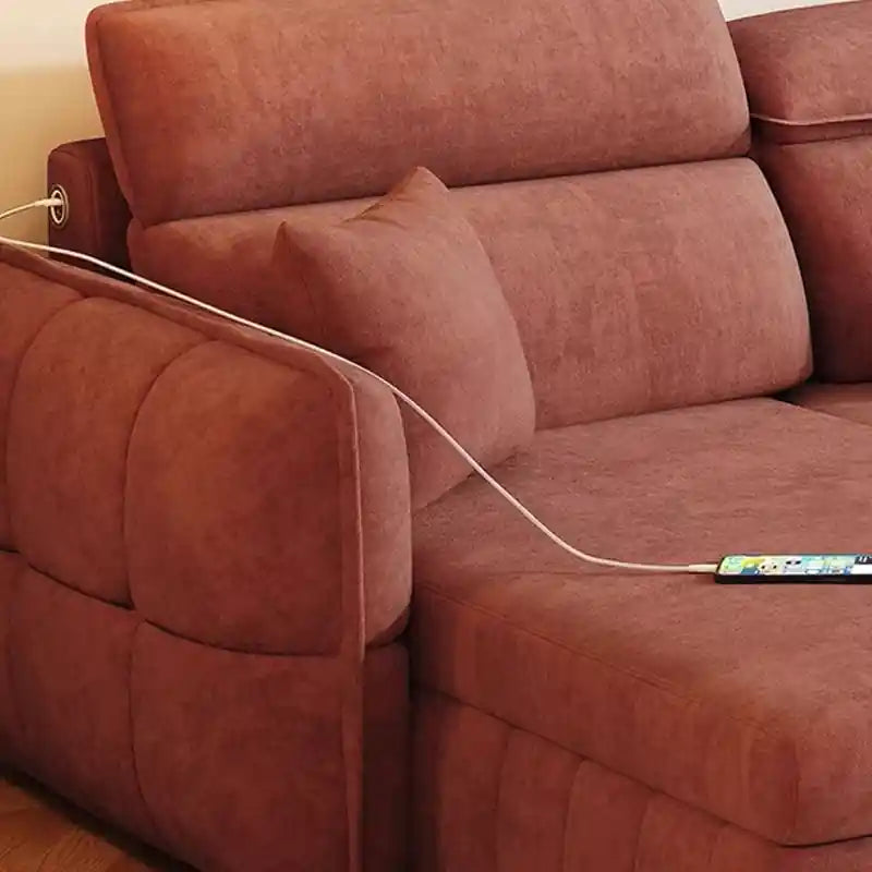 rust brown L shape sofa bed with USB port, chaise lounge, and modern living room comfort
