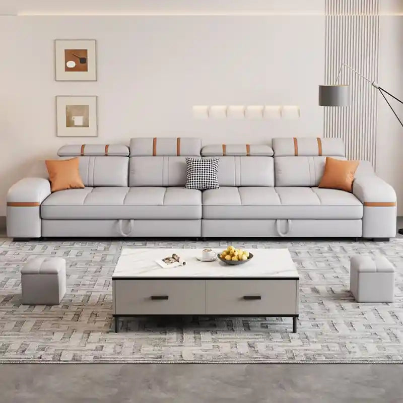 grey sofa cum bed front view with deep quilted seat panels, low-profile silhouette, and modern sofa bed styling
