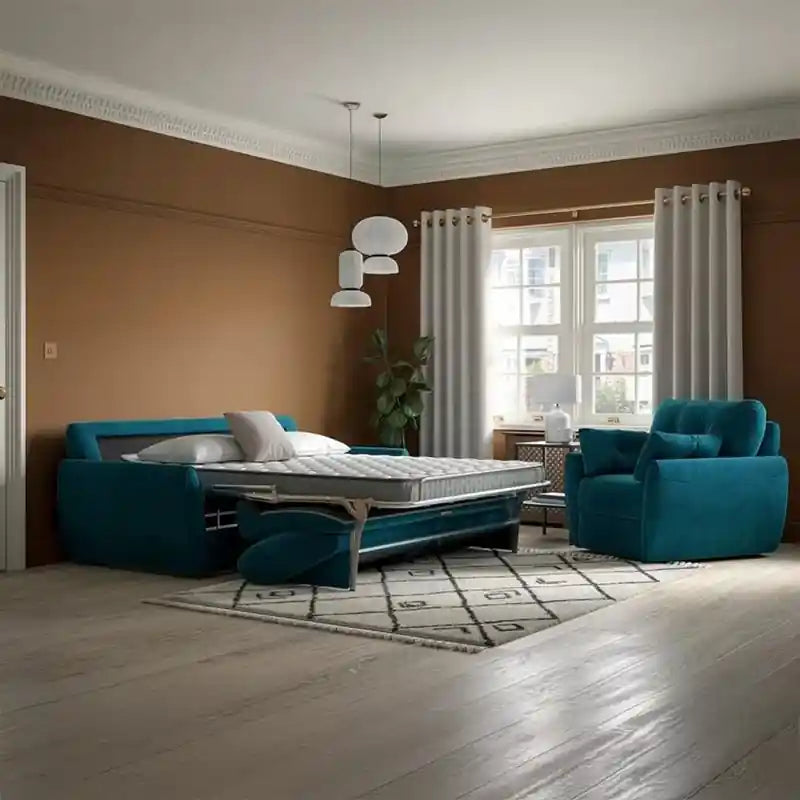  teal blue modern sofa bed shown in living room view with ottoman, rounded thick arms, and soft lounge comfort
