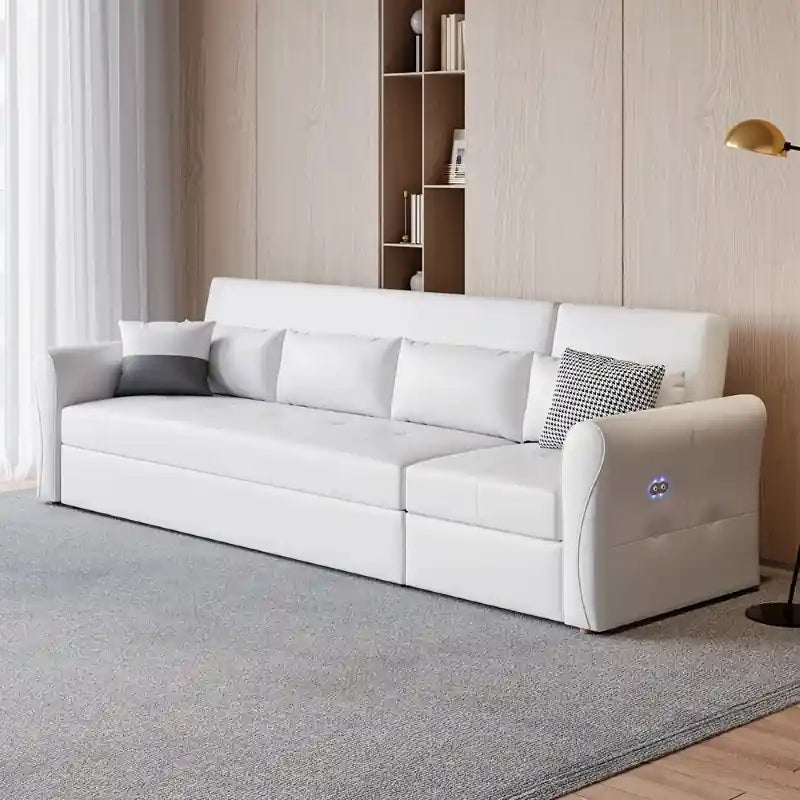 white pull-out sofa bed top view with right chaise, wide sleeper surface, sofa cam bed function, and modern sofacumbed design