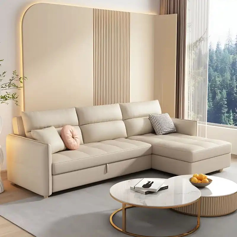 sofa bed with storage chaise and square-tufted cushions