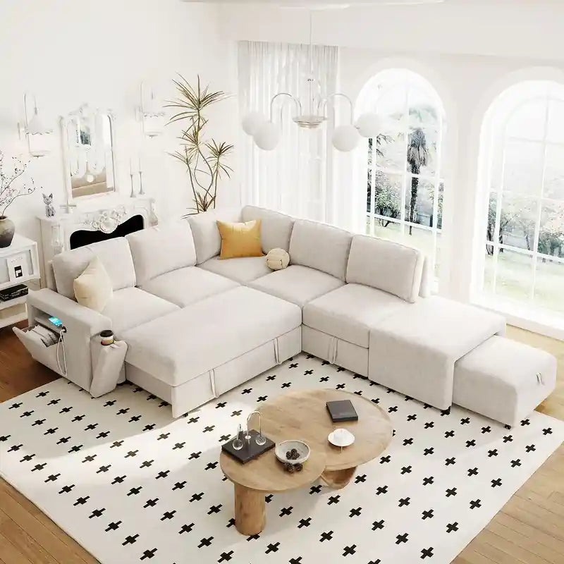 cream sofa cam bed with pull-out sleeper, ottoman, couch bed comfort, and guest-ready sofacumbed layout