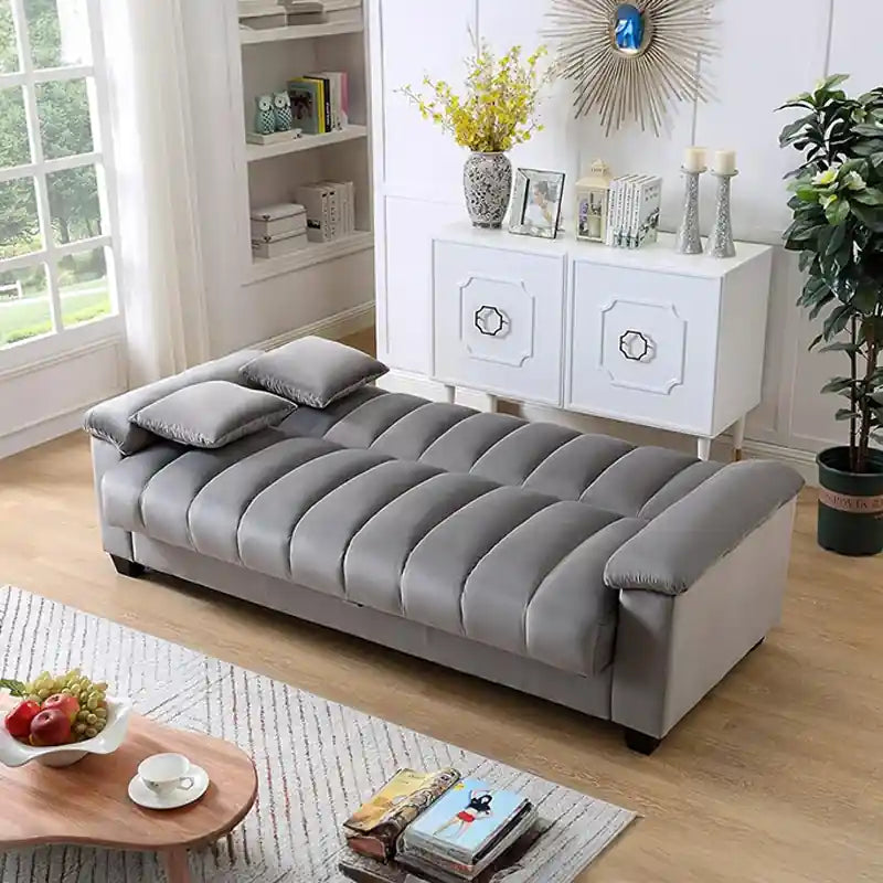  brown 3-seater sofa cumm bed front view with padded arms, plush backrest, and channel-tufted seating