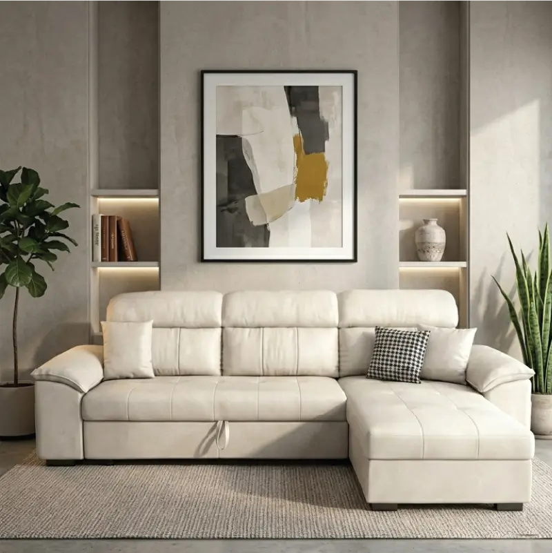 sofa cumm bed in white faux leather shown in living room view