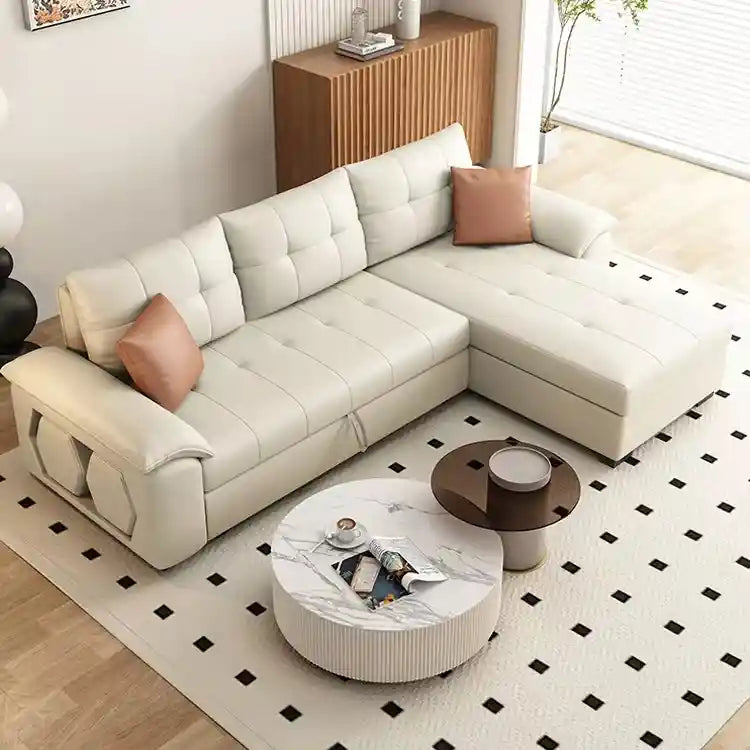 L shape sofa bed with tufted cushions and chaise lounge side view