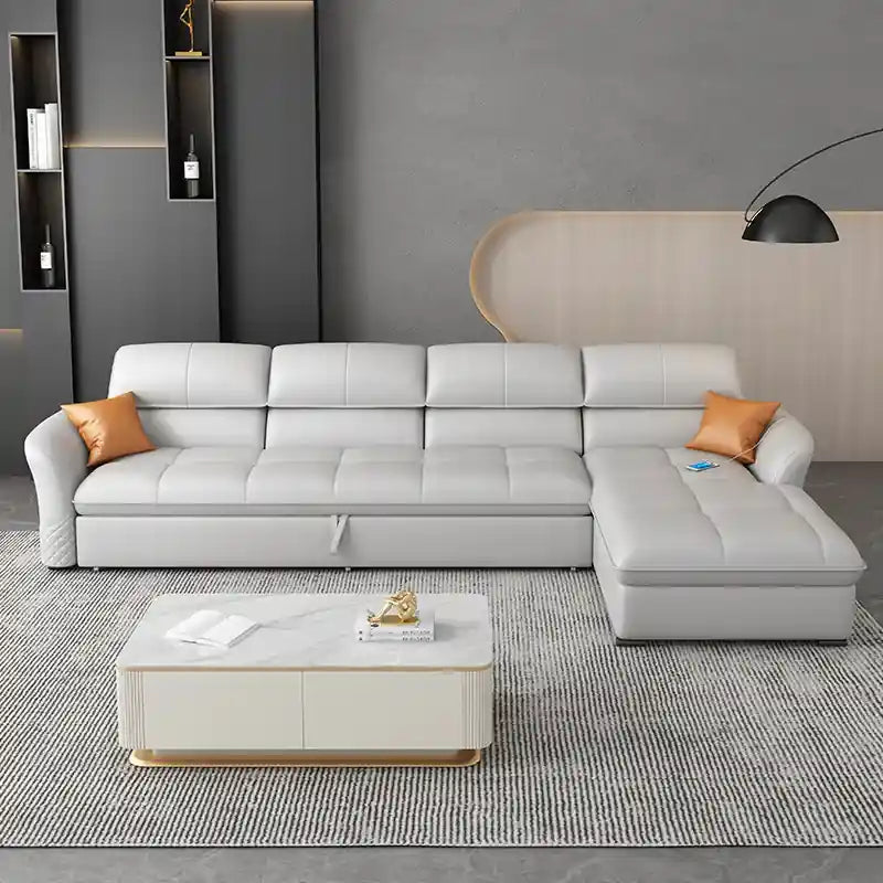 L shape sofa bed in grey with chaise lounge and pull-out bed function
