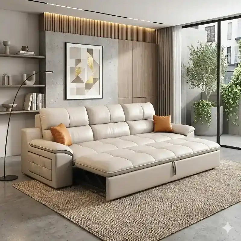 modern sofa bed with console in beige side angle living room view