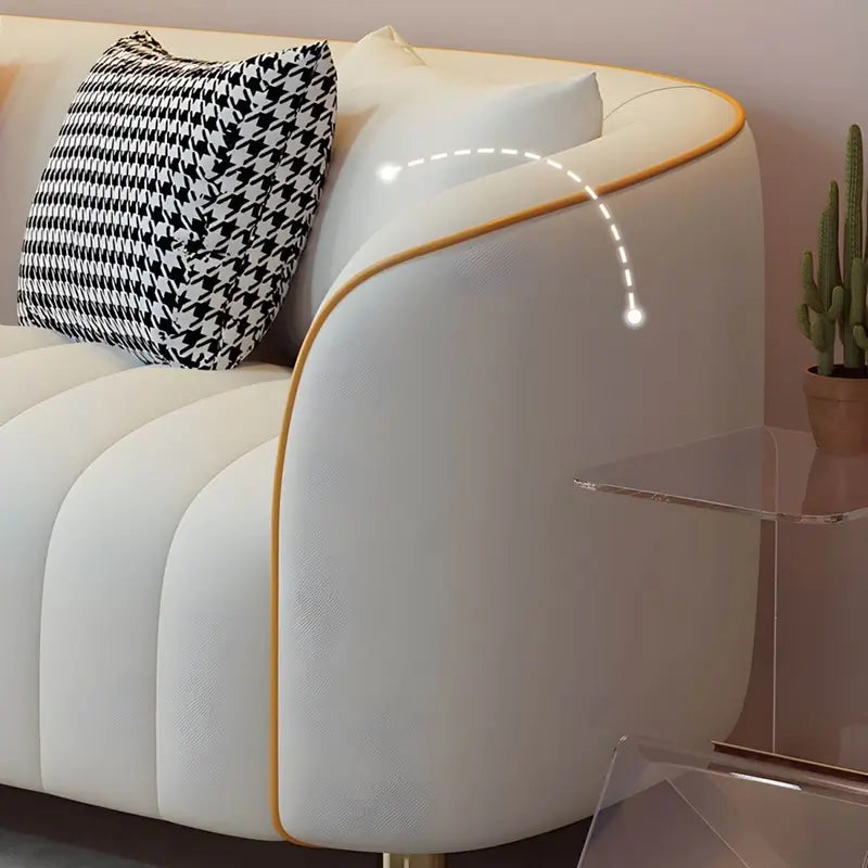 Curved sofa set design with wraparound arms, continuous backrest, ivory upholstery, and sculpted profile