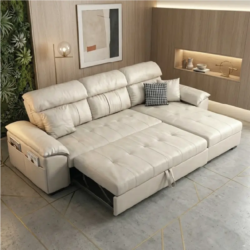 L shape sofa bed in white with hidden chaise storage design
