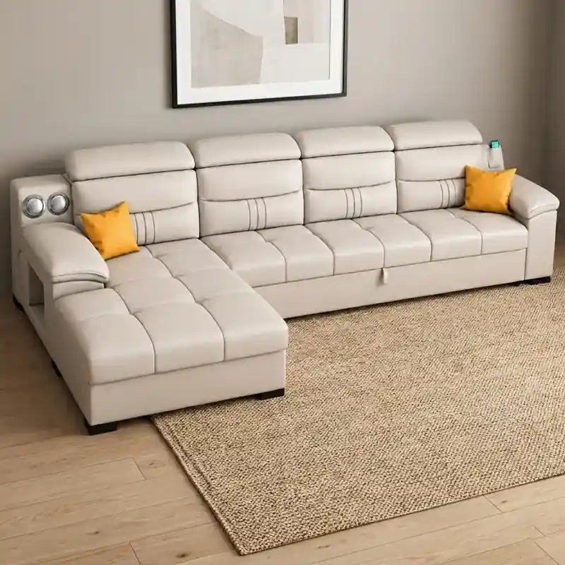 modern sectional with headrests convertible sofa bed couch sleeper L shape leatherette
