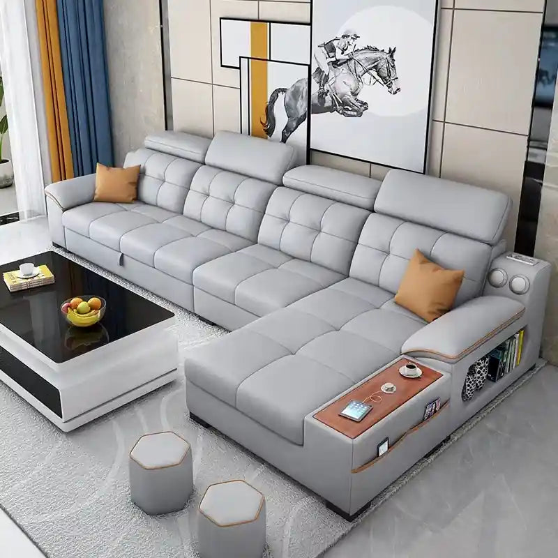  L shape sofa bed in light grey with storage drawer, side shelves, cup holder console, and adjustable headrests