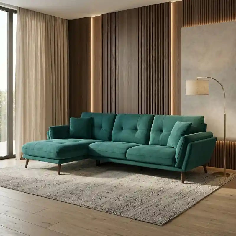 Leather sofa with chaise-style layout, tufted seat cushions, wooden legs, and lounge sofa comfort