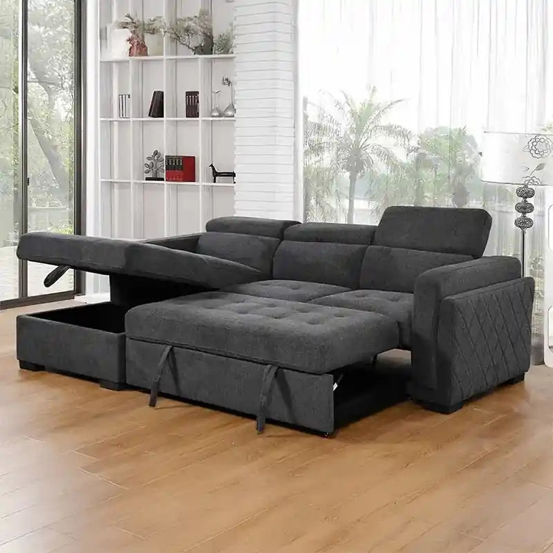  grey sofa bed storage design with chaise lounge, tufted seat detailing, and padded armrests