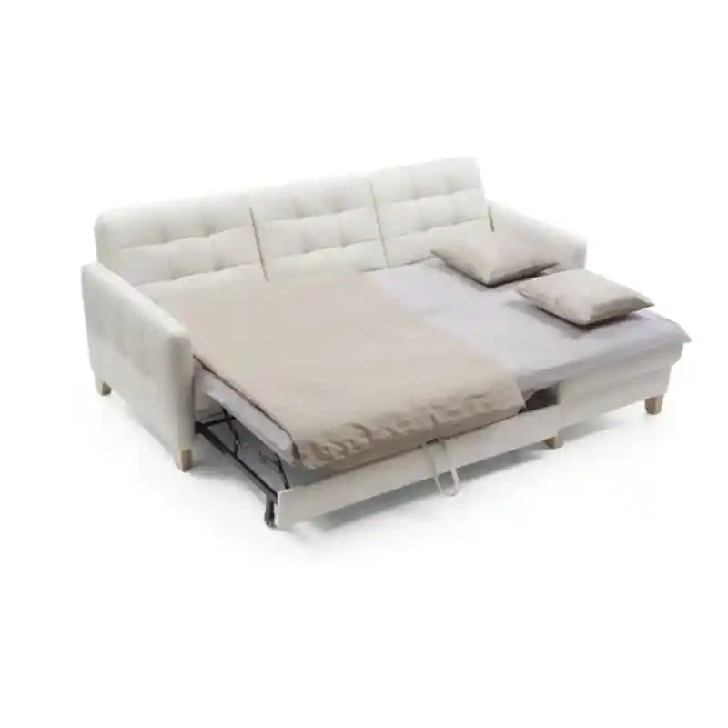  cream sofa cum bed with open chaise storage, pull-out sleeper platform, wide block arms, and practical couch bed function