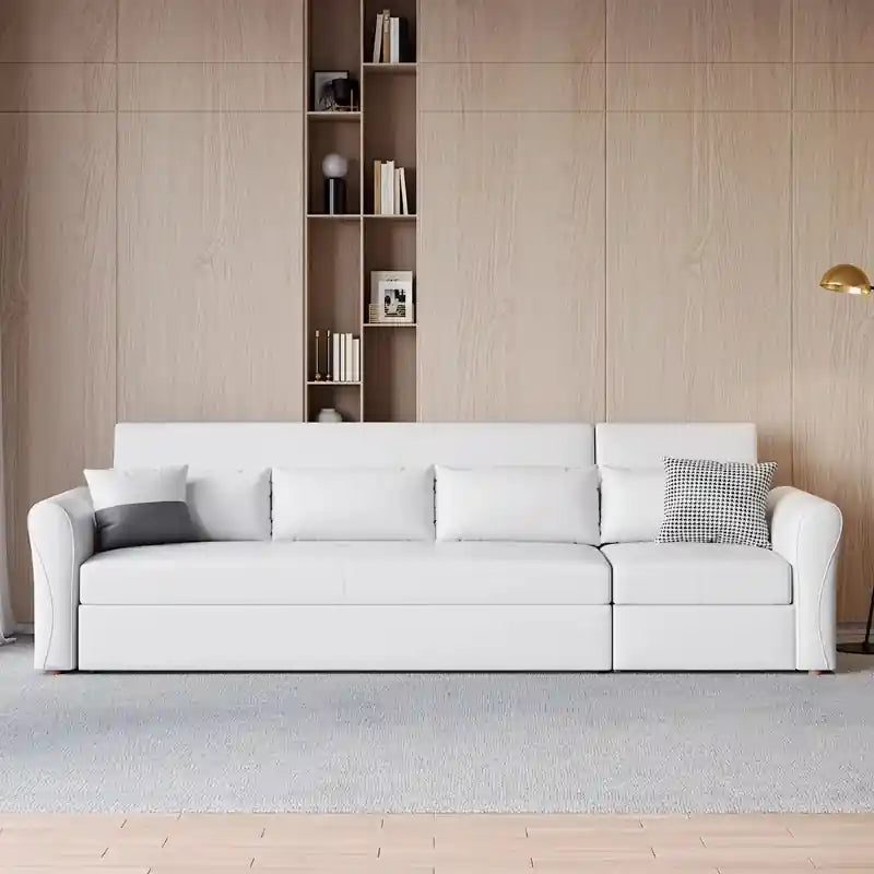  white sofa cum bed front view with chaise seating, square channel stitching, sofa cam bed comfort, and modern sofa bed layout