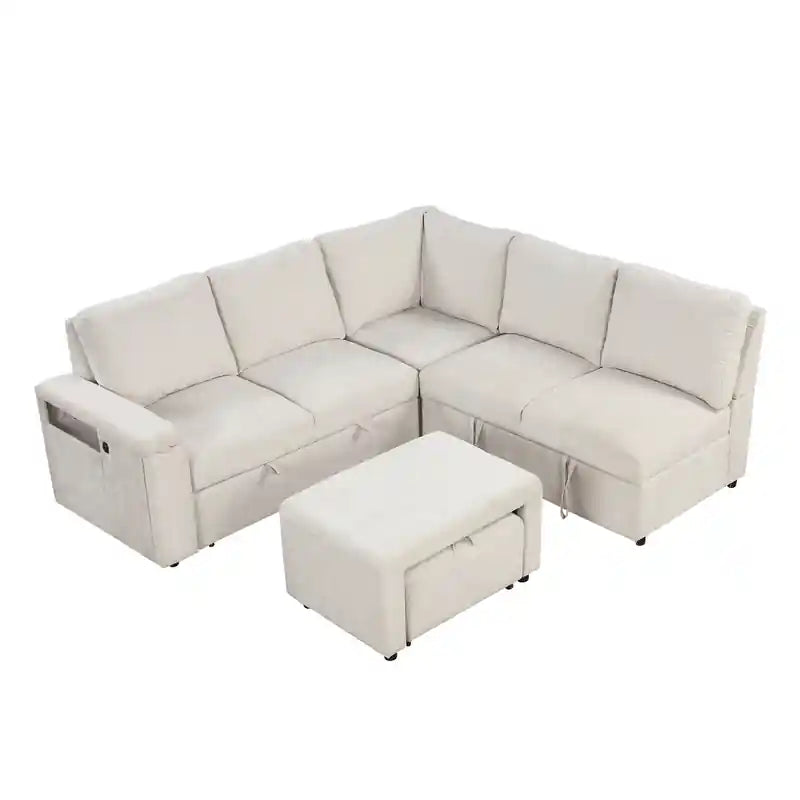 cream sofa cum bed isolated view with reversible chaise, modular ottoman, and modern sofa bed functionality
