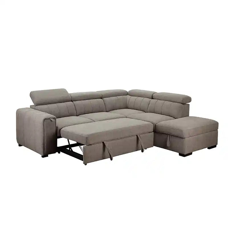 grey sofa cumm bed converted into a wide sleeping surface for guest use