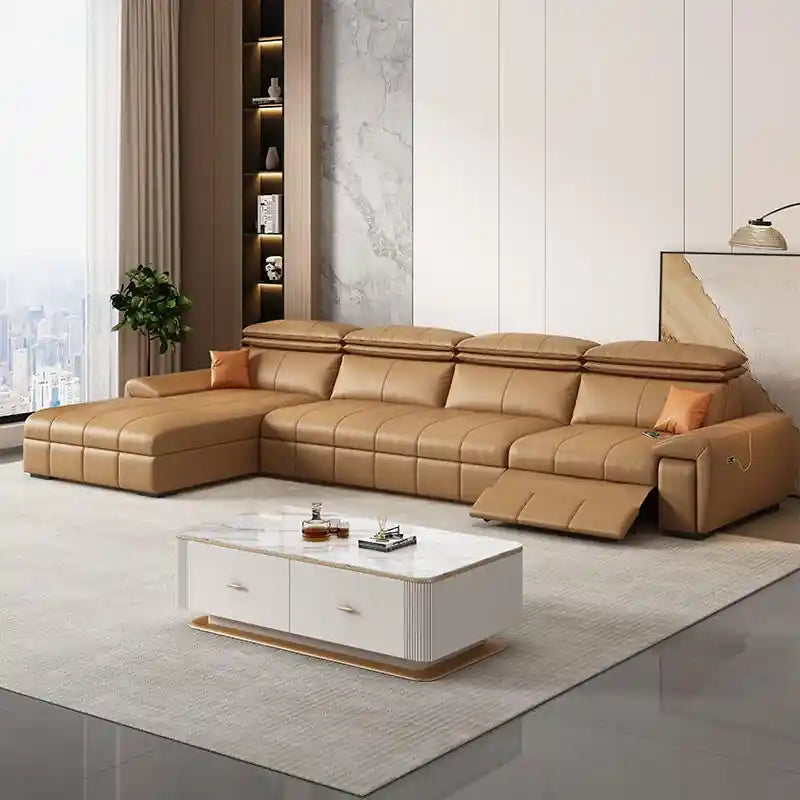  cream L shape sofa bed with fold-out footrest, adjustable headrests, and chaise design