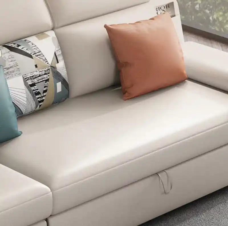  cream sofa cam bed with chaise lounge, under-seat storage, and pull-out sofa bed design