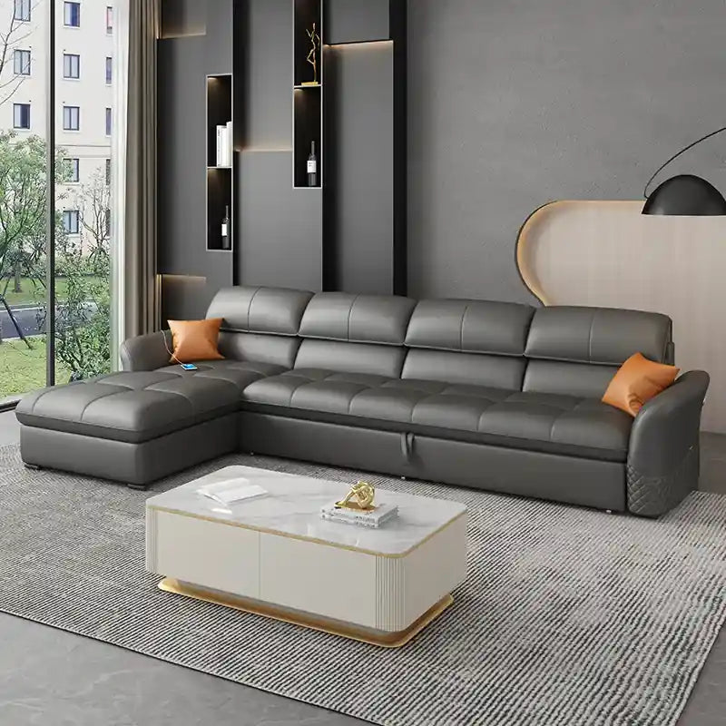 sofa cumm bed converted into a flat sleeping surface with USB port and chaise lounge