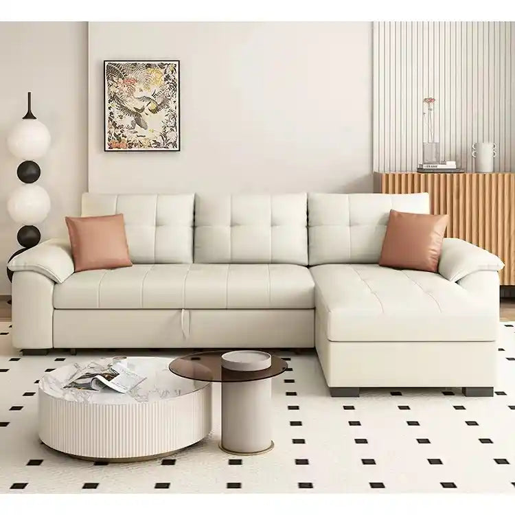 sofa cumm bed showing pull-out bed function and open chaise storage