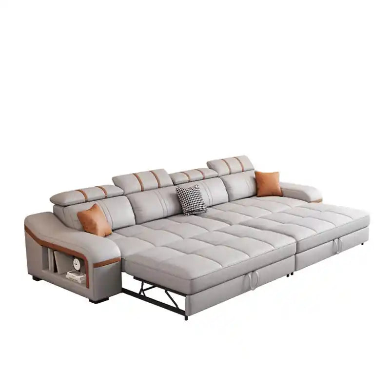  grey modern sofa bed product view with adjustable backrests, side storage shelf, and compact sofa settee bed layout