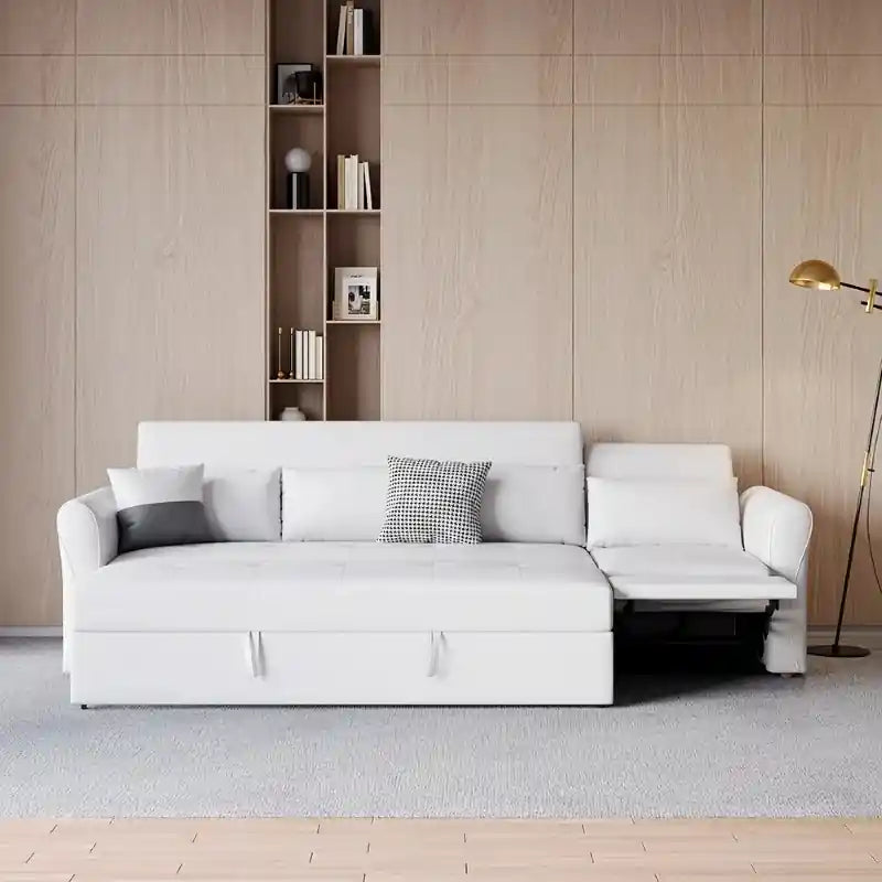  white sofa bed with right chaise, pull-out couch bed function, sofa cam bed usability, and compact sofa cum bed design