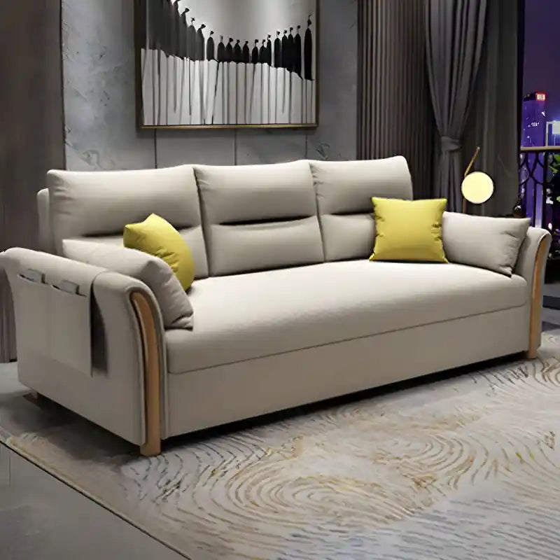 grey modern sofa bed product view with wooden arms, compact straight-line design, sofa cam bed comfort, and couch bed usability