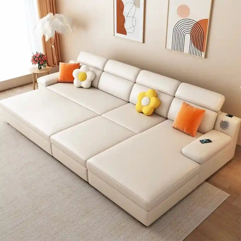  cream sofa cumm bed with arm charging panel, chaise lounge, and modern sofa bed design