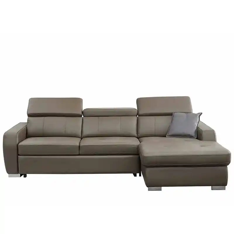 grey pull-out sofa bed showing ratchet adjustable backrest detail for personalised lounging and guest sleeping comfort