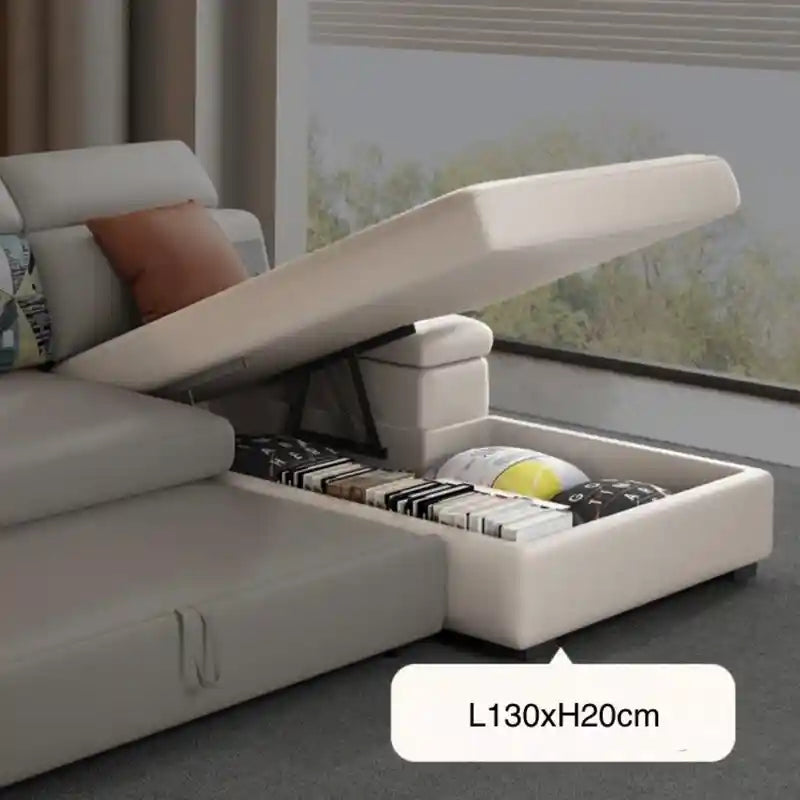  cream L shape sofa bed front view with chaise lounge, armrest control panel, and medium-firm comfort