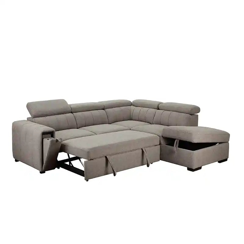  pull-out sofa bed showing cup holder tray, chaise storage, and adjustable headrests
