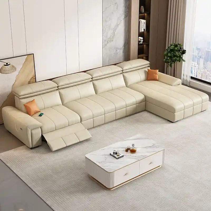 grey L shape sofa bed with USB port, recliner footrest, and chaise lounge
