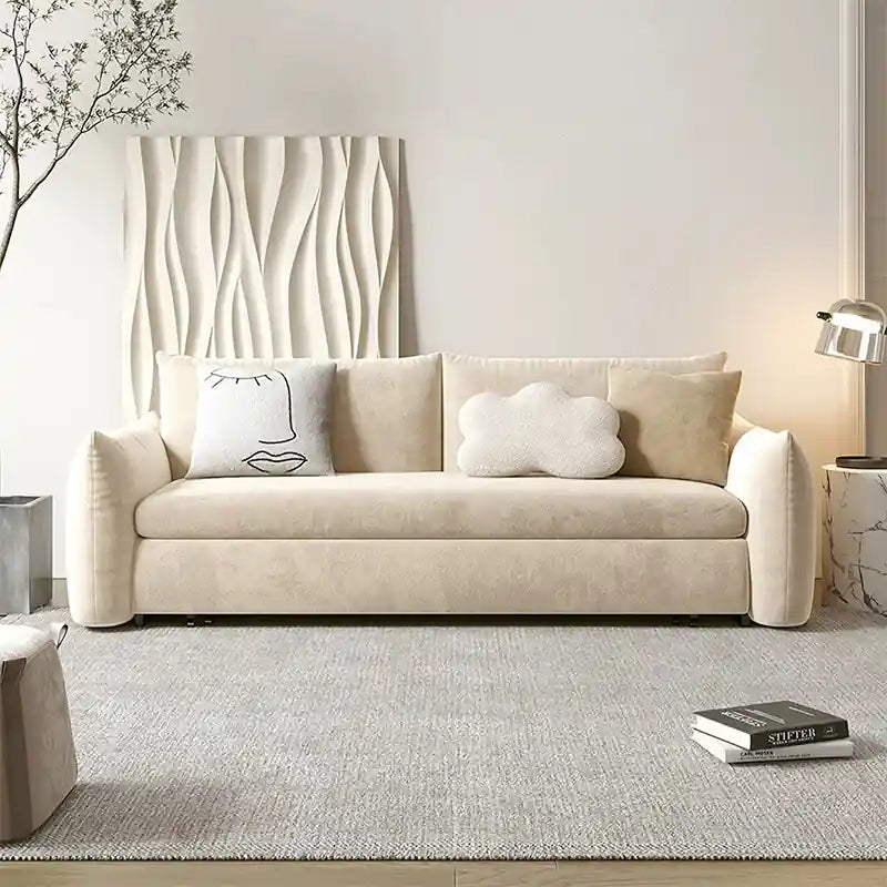Open bed view image, sofa bed couch, sofa sleeper, rectangular fabric finish