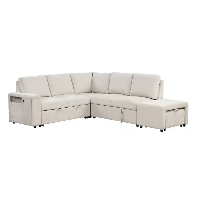 cream pull-out sofa bed with reversible chaise, queen-size sleeper surface, and sofa cam bed usability