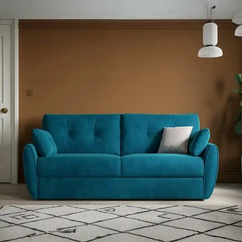  teal blue sofacumbed product view with button-tufted backrest, low black legs, and compact wall-friendly sofa bed profile