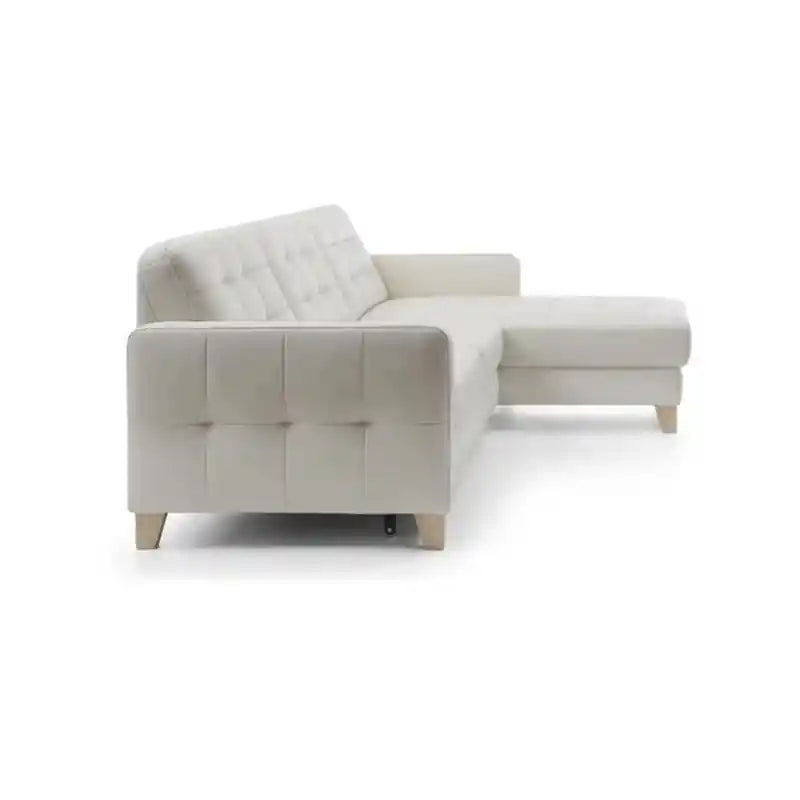  cream L shape couch bed with chaise lounge, square tufted upholstery, pull-out sofa bed comfort, and modern living room styling