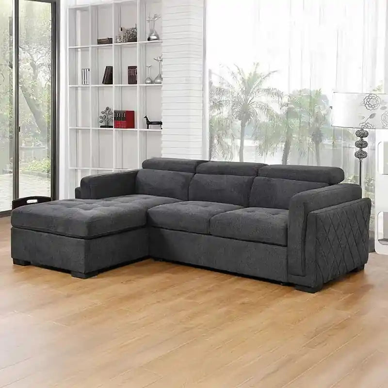  L shape couch bed in grey with chaise storage, low black block legs, and compact sofa bed layout