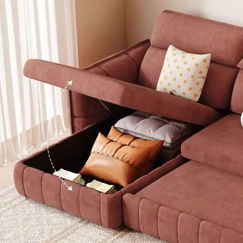 rust brown sofa cam bed close-up showing USB charging port, cushion, and padded armrest