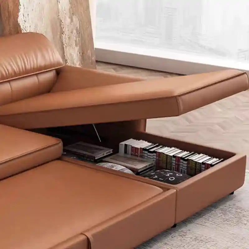  sofa bed close-up showing open under-seat storage for books, magazines, bedding, and daily-use items