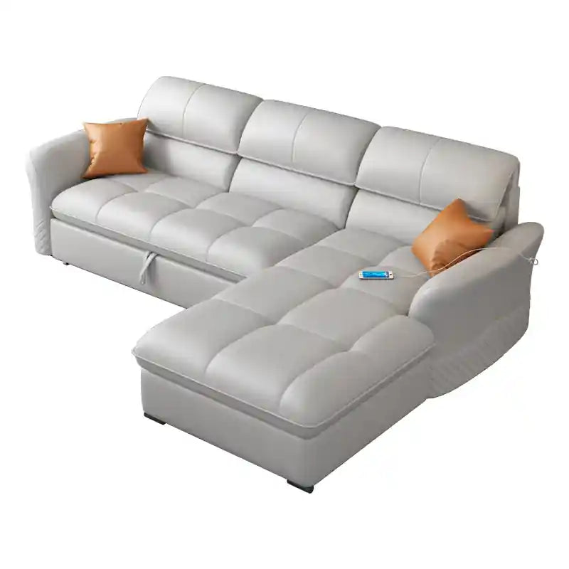 sofa cumm bed in light grey L shape design with quilted arms and USB charging port