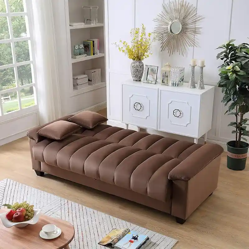 brown fold-flat sofa cumm bed with channel-tufted cushions and hidden under-seat storage