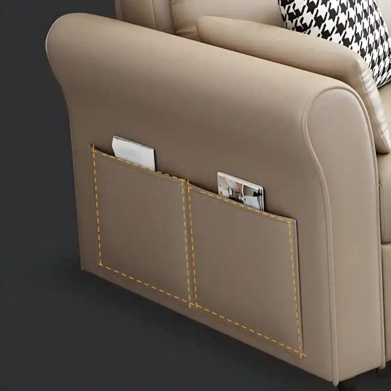 cream sofa cum bed side pocket detail with storage space for books, magazines, and daily-use items