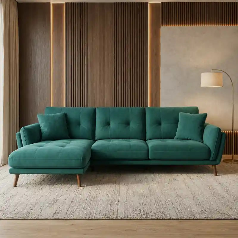 Close-up of leather sofa with tufted seat cushion, padded upholstery, wooden leg, and refined sofa design