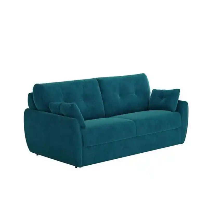  teal blue pull-out sofa bed shown in open sleeper view with quilted mattress surface, plush cushions, and guest-bed function